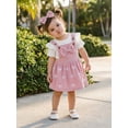 thumbnail image 4 of BemeyourBBs Newborn Baby Girls Spring Summer Fall Clothes Cute Infant Baby Girls 3 Piece Outfit Ribbed Short Sleeve Romper with Bow Print Suspender Skirt Overalls Dress Set, 4 of 9