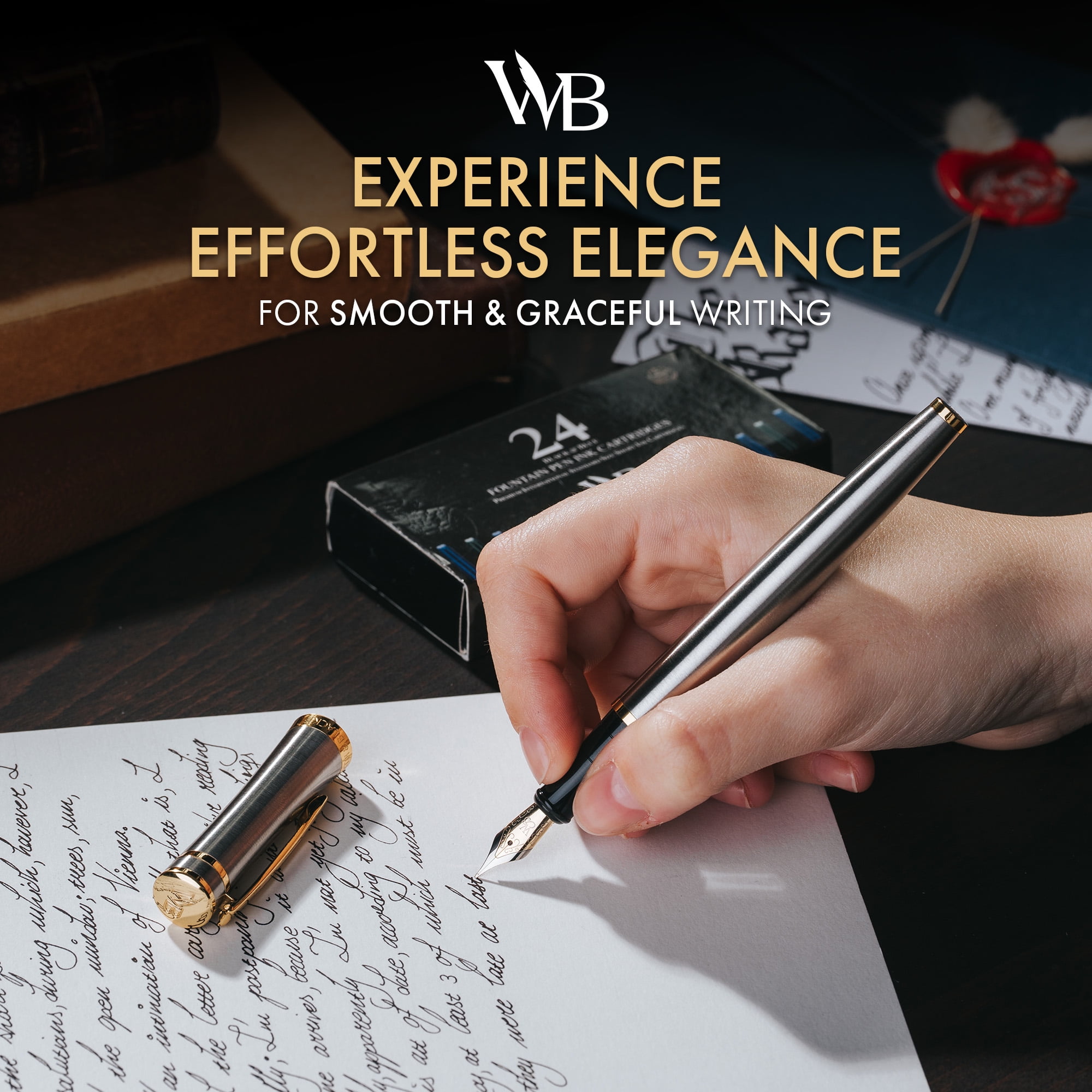 Wordsworth & Black Fountain Pen, Medium Nib Ink Pen, Silver Gold - Refillable, Calligraphy