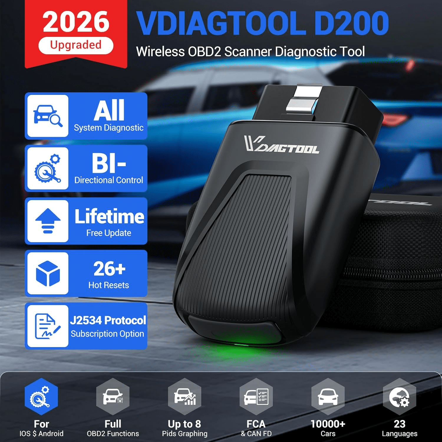 VDIAGTOOL D200 OBD2 Scanner Bluetooth, 2026 Bidirectional Scan Tool, 26+ Resets (Can Unlock 49+Resets), All System Diagnostic Scanner for All Vehicles, Free Updates