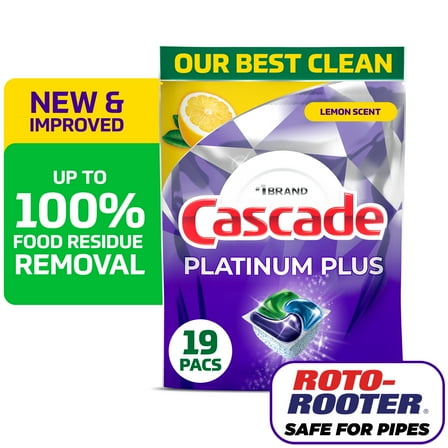 Cascade Platinum Plus Dishwasher Pods, Dishwasher Detergent Soap Tabs, Lemon, 19 Count