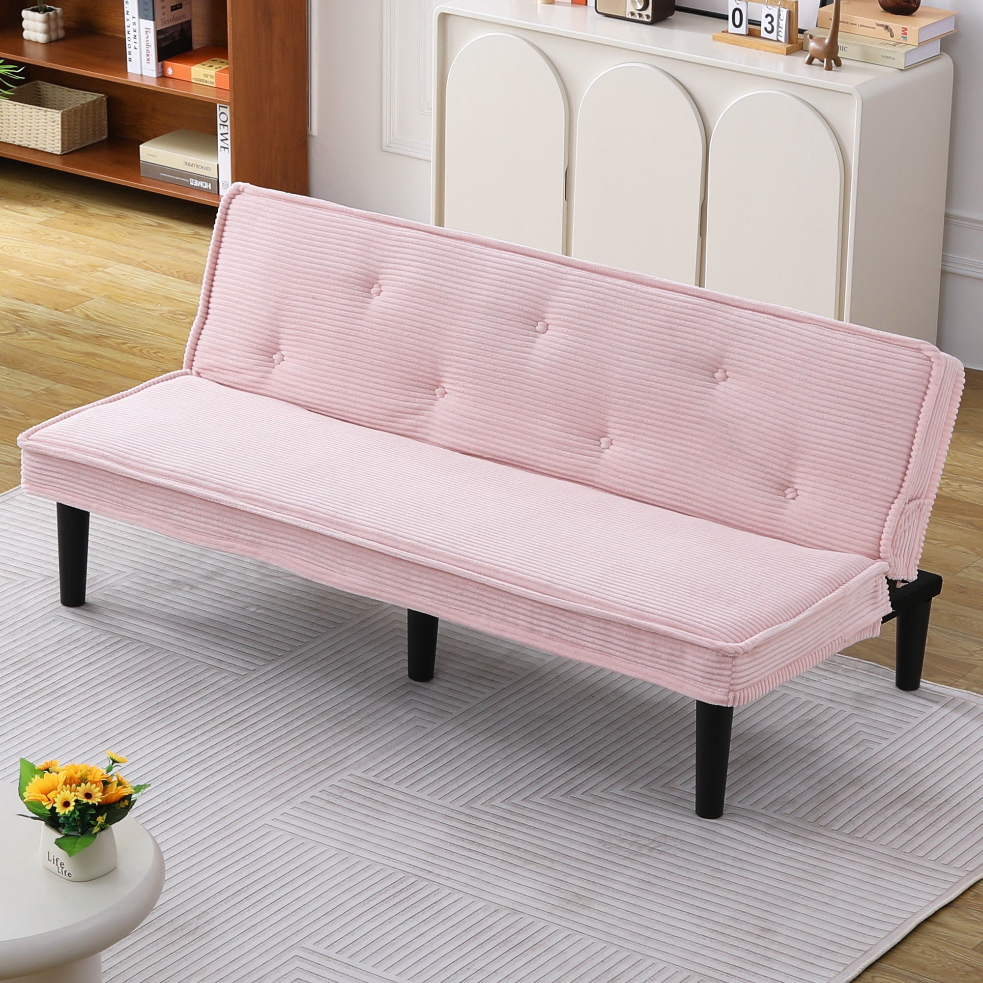 Gewnee 66''Futon Sofa Bed,Corduroy Fabric Sleeper Sofa with Button Design,Lovseat for Living Rooms and Apartments.(Pink)