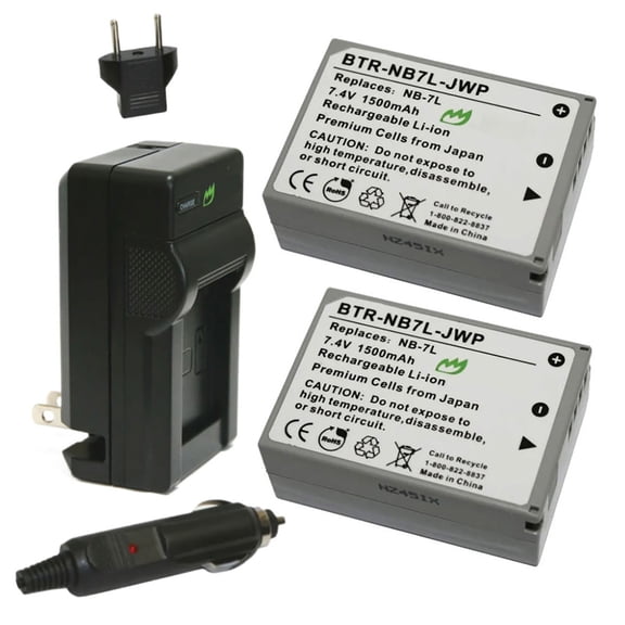 Replacement for Canon NB-7L Battery (2-Pack, 1500mAh) and Charger with Car Adapter