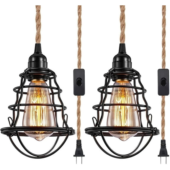 2 Pack Hanging Lamps Lights Plug in Pendant Light with on/off Switch Wire Hanging Pendant Lamp with 13ft Hemp Rope