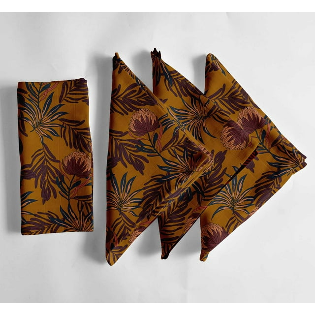 Vargottam Yellow Leaves Print Cotton Muslin Napkins - Set of 12, 20-Inch, Luxurious Soft Cloth Napkins for Dining & Events, Absorbent, Washable & Tableware