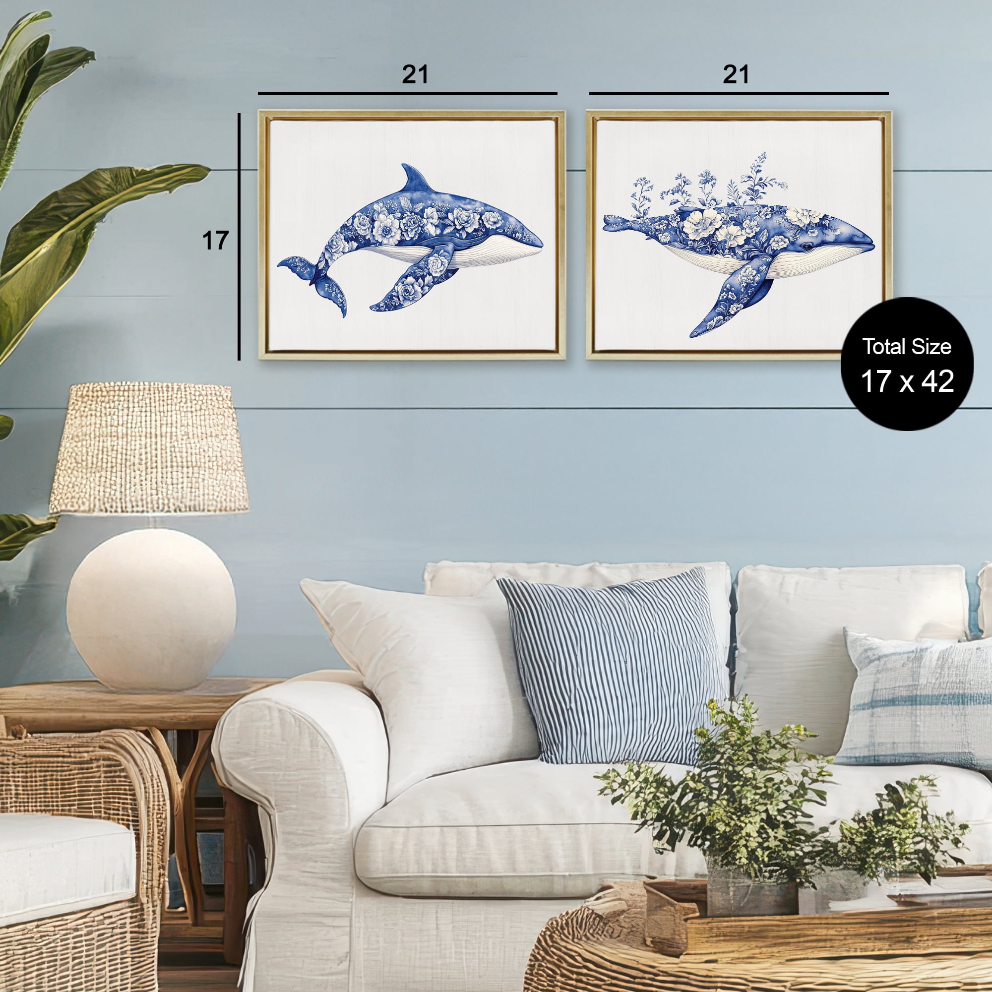 Blooming Toile Pattern Whales 2 Piece Gold Framed Floater Canvas Set, design by Lettered and Lined