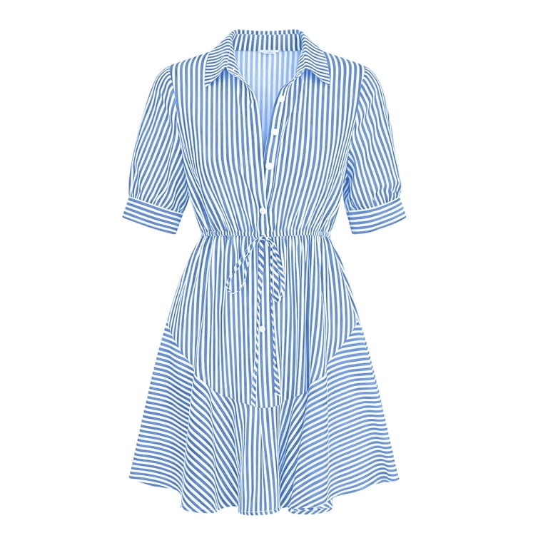 Ohufall Mini Dress for Women Striped Turndown Collar Dresses Short Sleeve Lace-up Fashion Casual Dress, Women's, Size: Medium, Blue