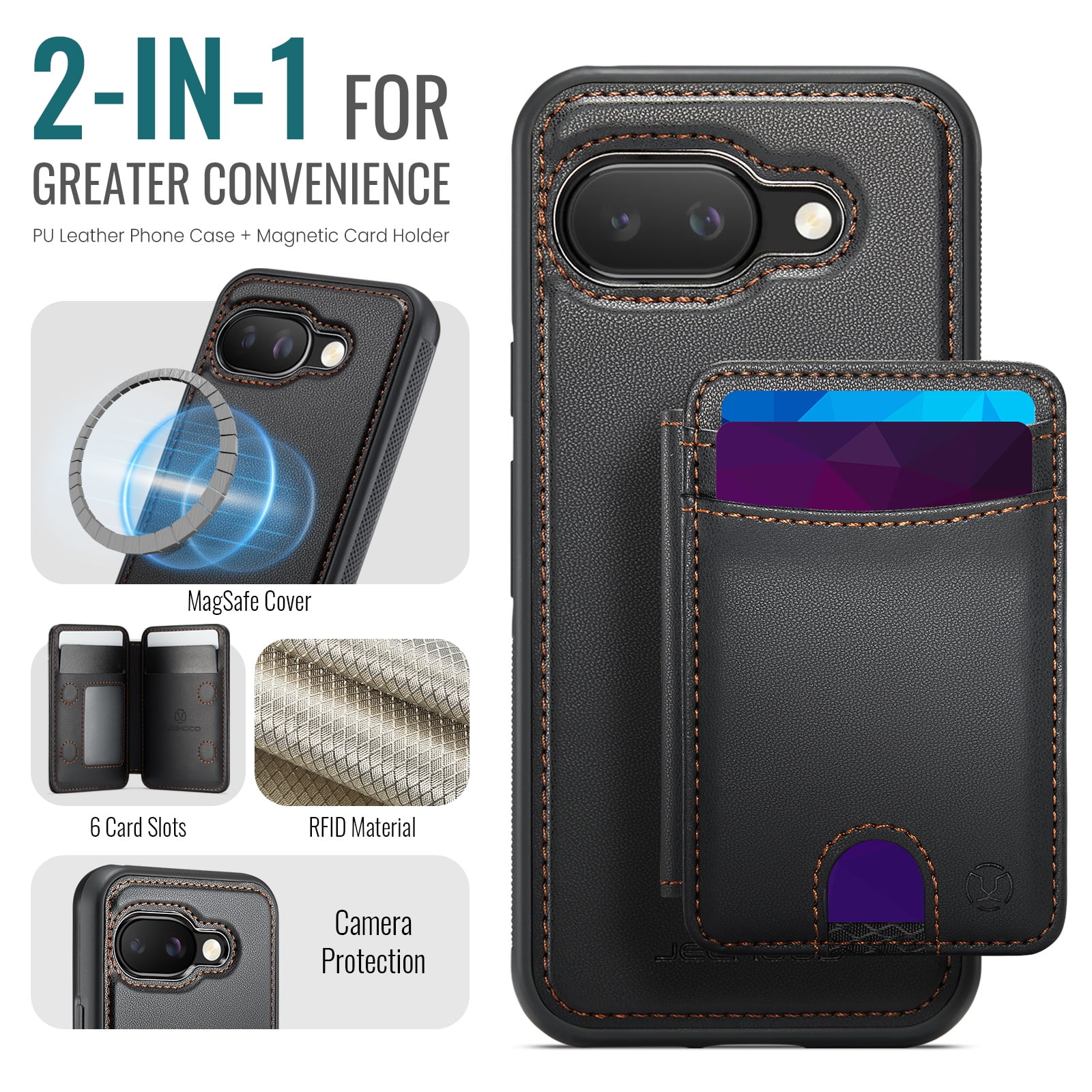 For Google Pixel 10A Phone Case,2-in-1 Magnetic Removable Flip Card Holder,Compatible With Mag-Safe,Anti-Scratch PU Leather,With Card Slots,Kickstand,Shockproof Durable Phone Case,Black