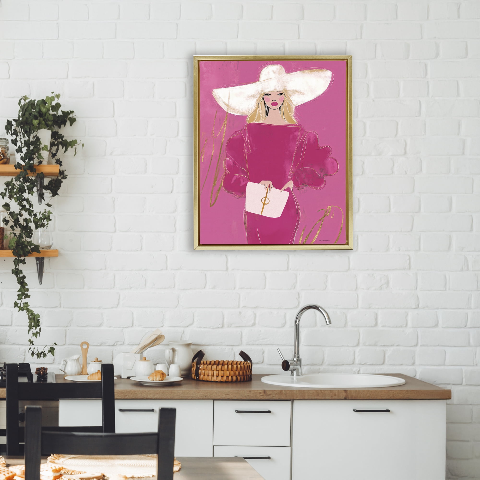 Stupell Industries Lady In Pink with Hat Gold Framed Floater Canvas Wall Art, design by Svetlana Aleynikova
