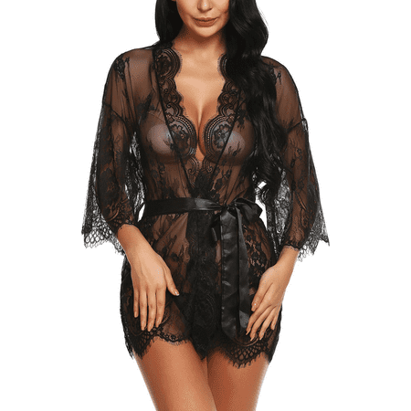 

RSLOVE Women s Lace Kimono Robe Babydoll Lingerie Eyelash Nightgown Dress Black XL