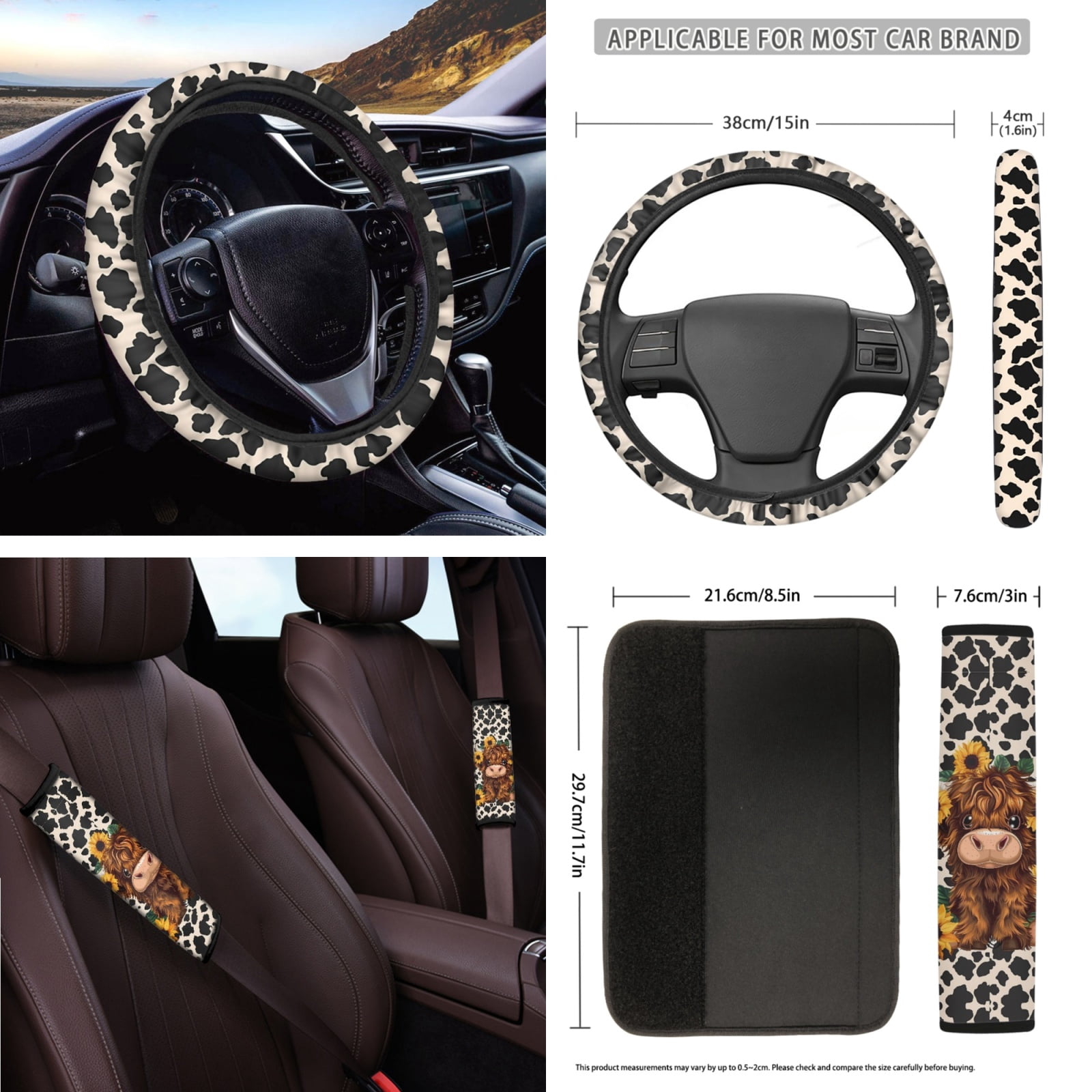 Yuyamidu 16 PCS Highland Cow Car Seat Covers and Steering Wheel Cover Sunflower Car Windshield Sun Shade Seat Belt Pad Cover Gear Shift Hand Brake Cover Rear View Mirror Cover Cup Holders Keychain