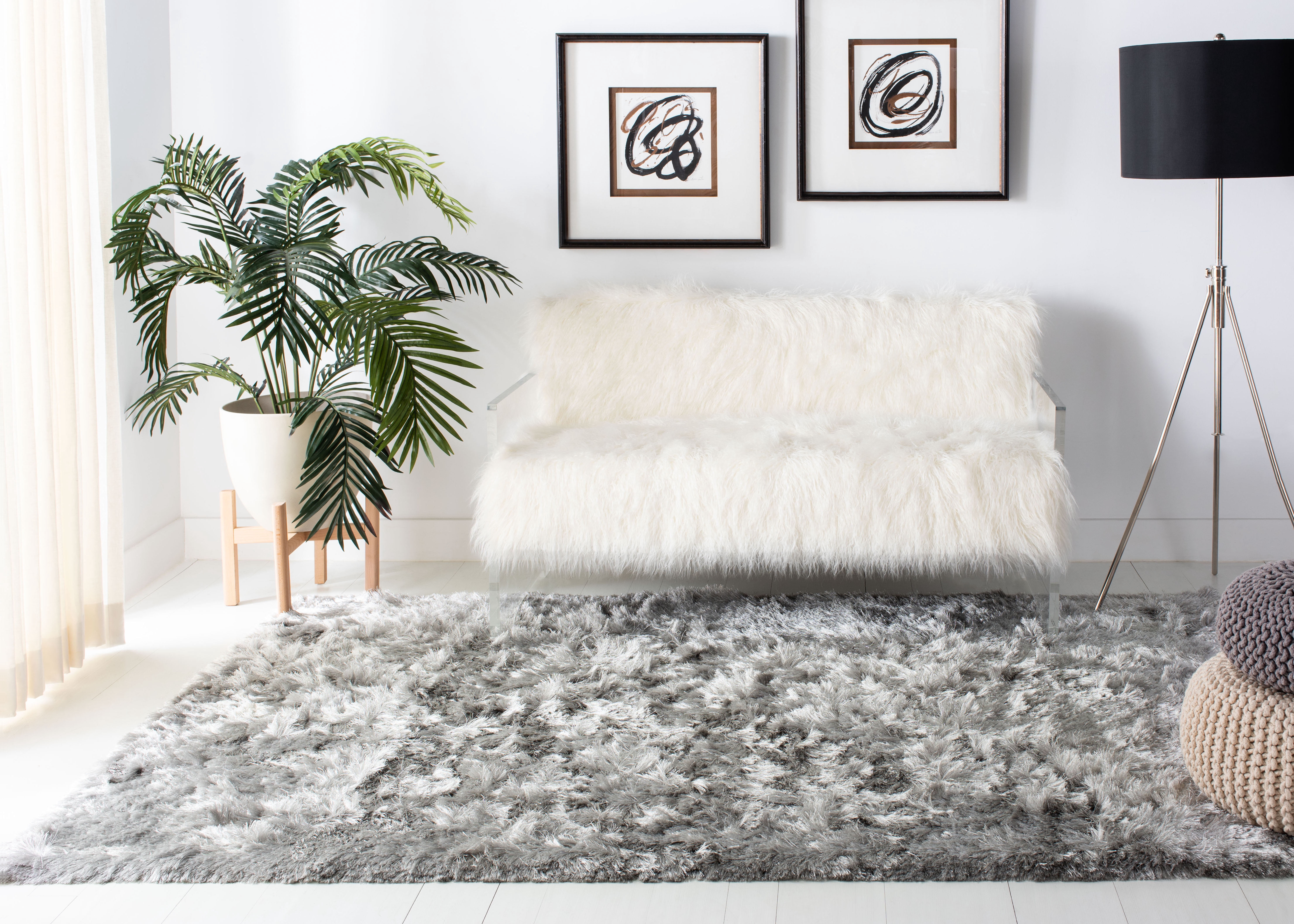 SAFAVIEH Ocean Trellis Solid Plush Polyester Shag Area Rug, Silver, 9' x 12'