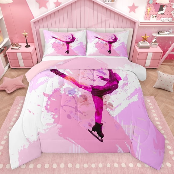 Feelyou Teens Skating Athlete Bedding Comforter Set, Pink Art Watercolor Twin Comforter Sets, Eat Sleep Ice Skates Reversible Bedding Set, Ultra Soft Bedroom Decor, 2-Piece