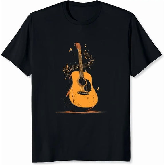Vintage Acoustic Guitar Music Notes for Men Graphic Short Sleeve T-Shirt