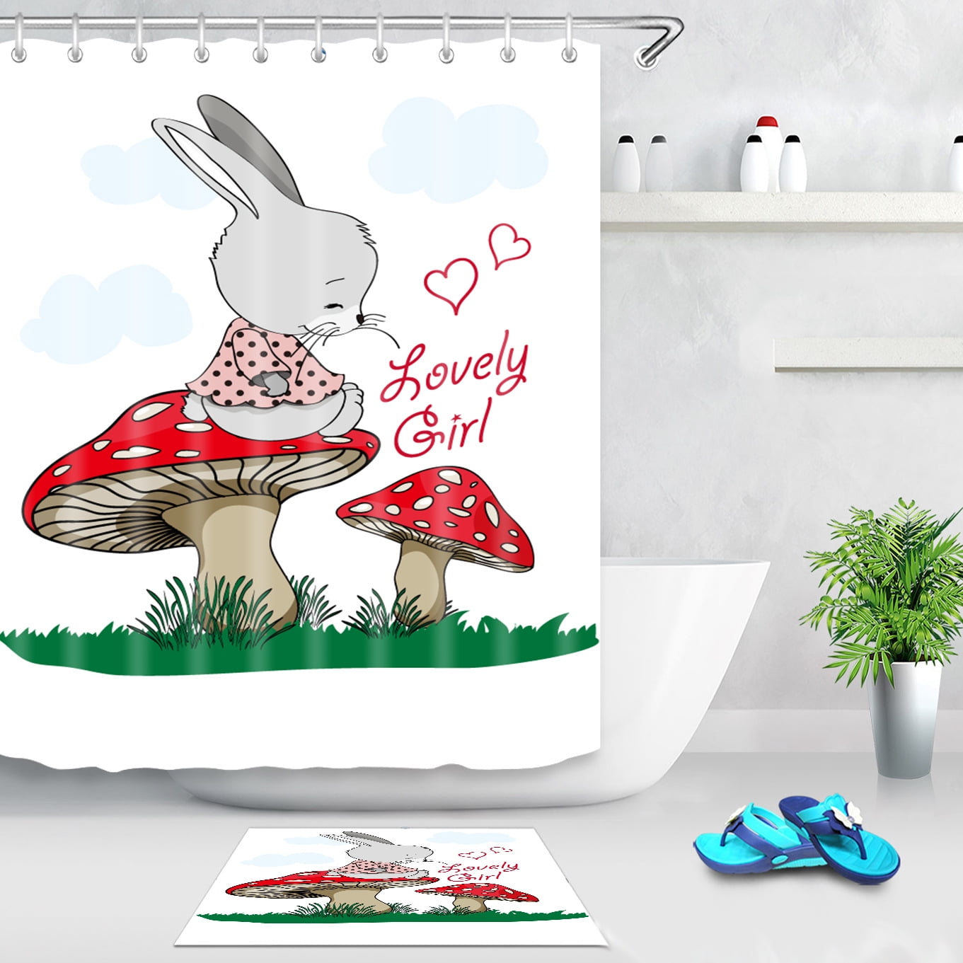 SHENDING Cute Mushroom Shower Curtain Set with 12 Hooks, Watercolor Bath Curtain for Bathroom Decorative,72×72 inch