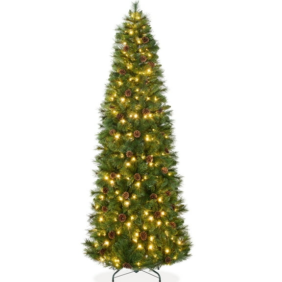 Best Choice Products 6ft Pre-Lit Artificial Scotch Pine Pencil Christmas Tree w/ 150 LED Lights, Metal Stand