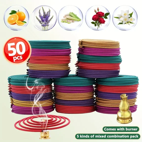 50pcs Mixed Fragrance Incense Sticks, Spiral Shape, Lemon, Rose, Jasmine, Lavender, Orange, 3-4 Hours Burn Time, Mild Fragrance, Made of Manufactured Wood, with Incense Powder and Wood Powder
