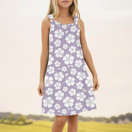 Ulitacool 9-10 Years Girls Summer Dress Beach Swim Cover Up Sleeveless Tank Dresses Adorable Girl Clothes Light Purple