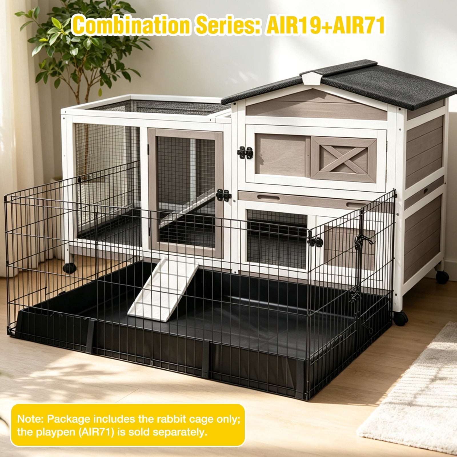 Aivituvin Rabbit Hutch with Wheels for Outdoor & Indoor, 2-Story Bunny Cage Guinea Pig House with Pull Out Tray for Rabbits, Gray