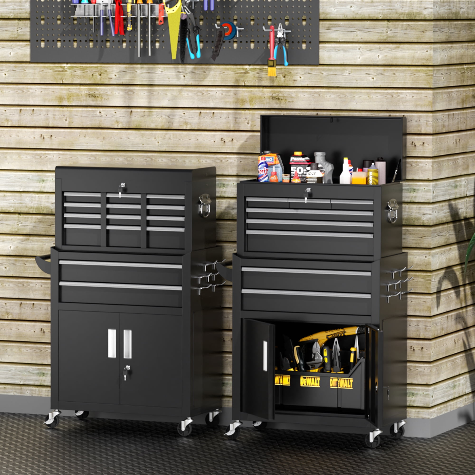 SUNCROWN 2-IN-1 Tool Box, 8-Drawer Rolling Tool Chest with Drawers on Wheels ,Metal Storage Detachable Top Tool Box with Lockable Wheels and Hooks for Garage, Workshop, Art Studio(Black)