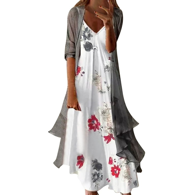 Hunpta Women Vintage Floral Sleeveless Dress 2 Piece Set Womens