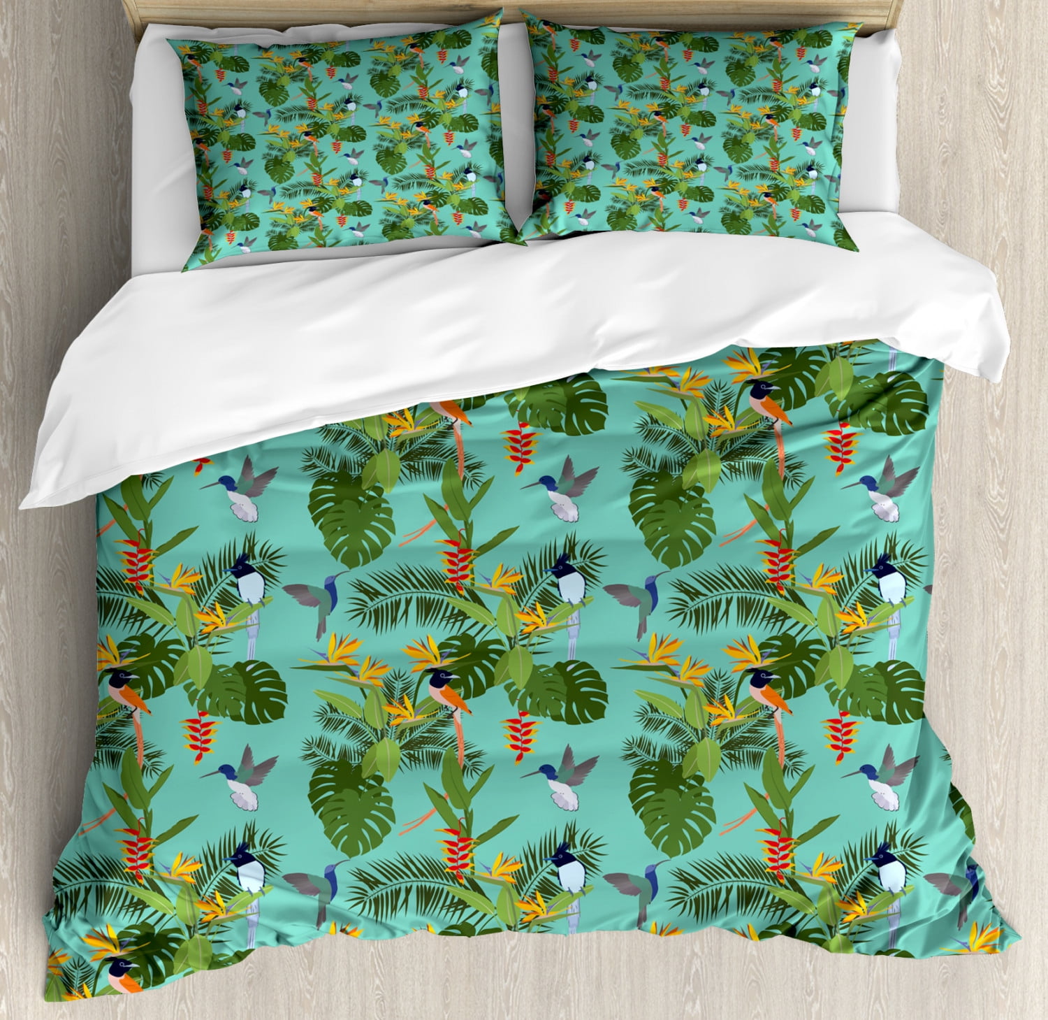 Tropic Duvet Cover Set, Hawaiian Theme Tropical Plants and Exotic Birds