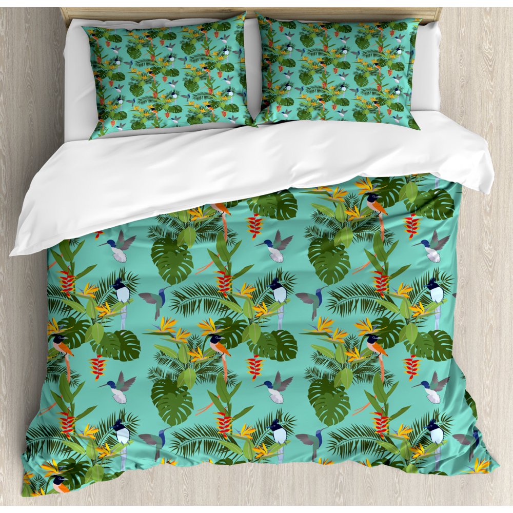 Tropic Duvet Cover Set, Hawaiian Theme Tropical Plants and Exotic Birds