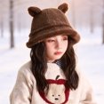 thumbnail image 4 of Ferjadq Kids Fuzzy Fleece Cat Ear Bucket Hat Short Brim Cute Winter Fisherman Cap for Toddler Girls Multi Tone Coffee,2-8 Years, 4 of 5
