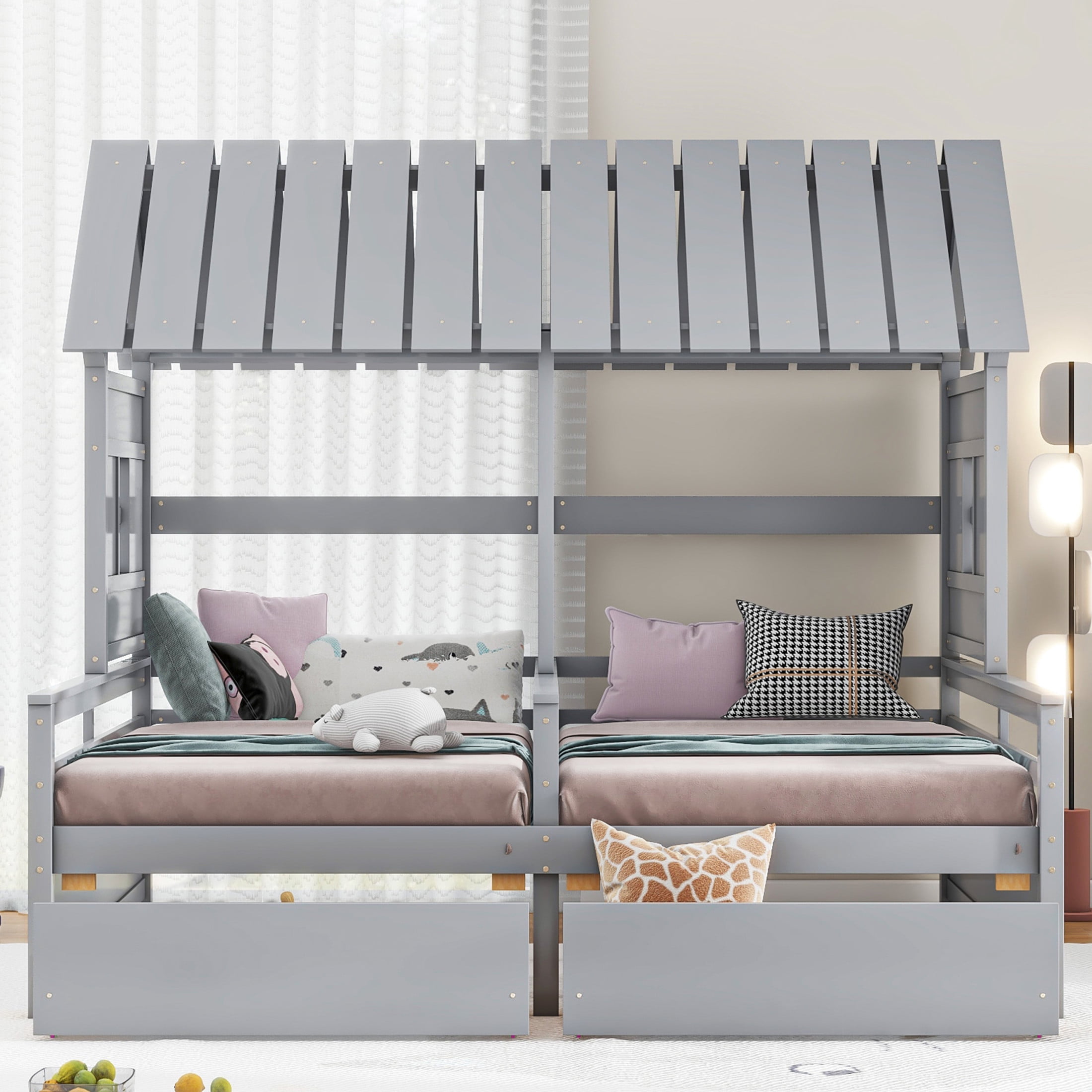 Noble House Junton Dual Twin Size House Platform Bed for Shared Rooms, 2 Side-by-Side Beds with Drawers, Gray