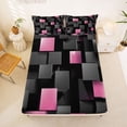 thumbnail image 4 of Manfei Abstract 3D Cube Bed Sheets, Geometric Checkered Fuul Size Sheets, Black and Pink, Black Reversible 4 Pieces1 Flat Sheet + 1 Fitted Sheet + 2 Pillowcases, 4 of 6