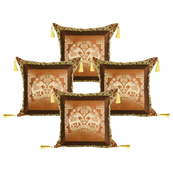 Stylo Culture Indian Brocade Home Decor Throw Pillow Sham Covers Coffee Brown Gold 18x18 Jacquard Tassels Sofa Cushion Covers 45 x 45 cm Polydupion Silk Zippered Elephant Pillow Cases | Set Of 4