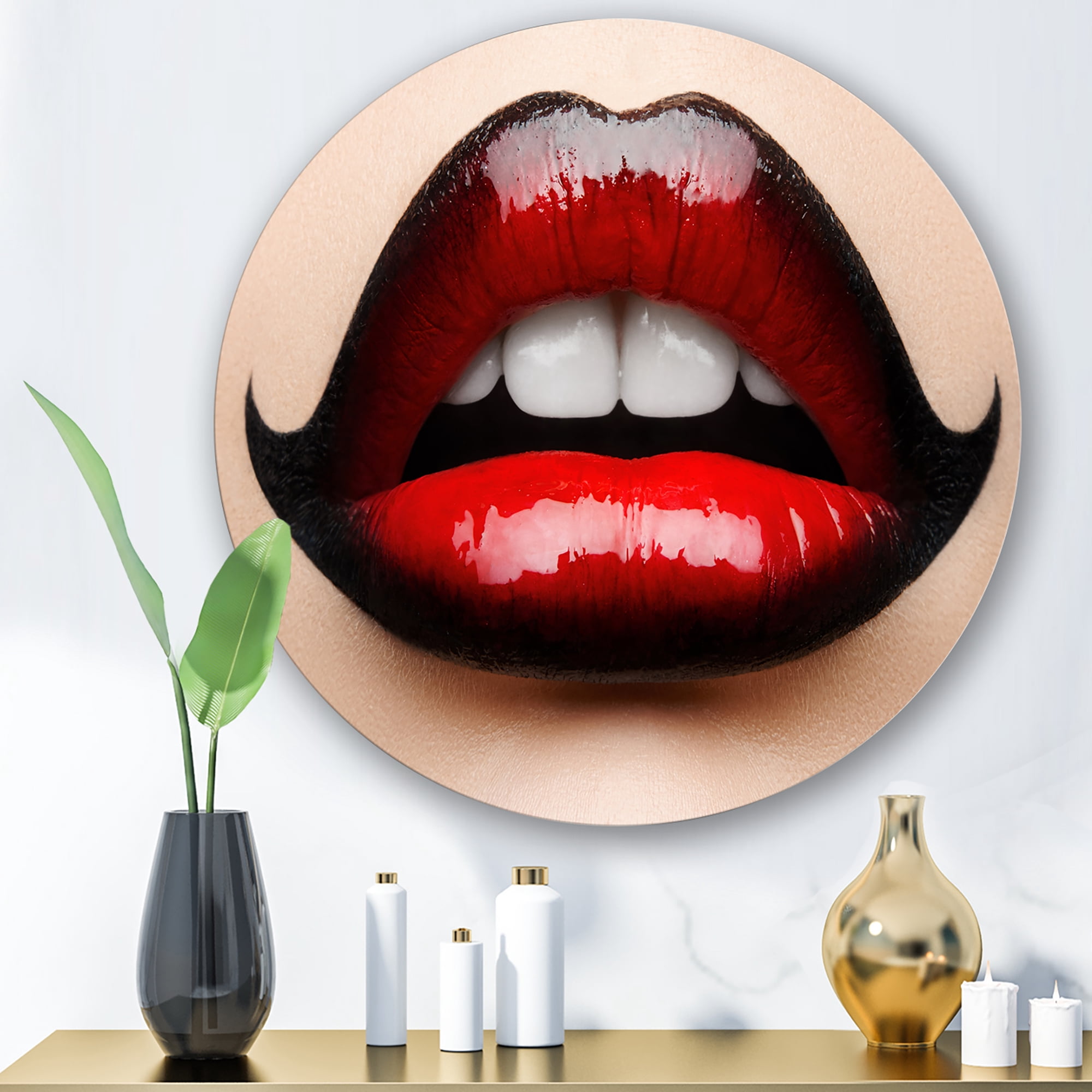 Designart 'Woman Lips With Red and Black Lipstick' Modern Circle Metal Wall Art 11x11 - Disc of 11