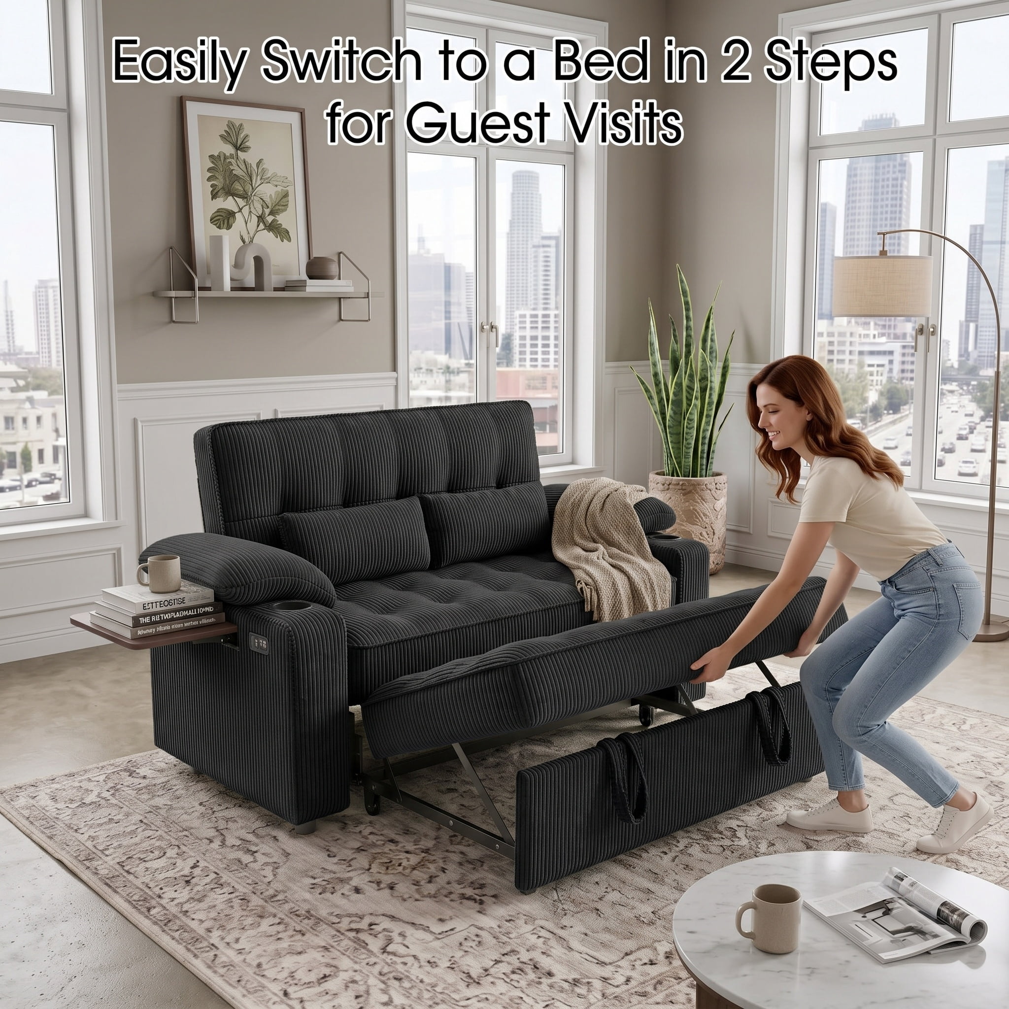 58" Sleeper Sofa Bed, Convertible Pull Out Couch Bed Corduroy Loveseat with Adjustable Backrest, USB Charging Ports, Cup Holders & Foldable Side Table for Living Room Apartment,Black
