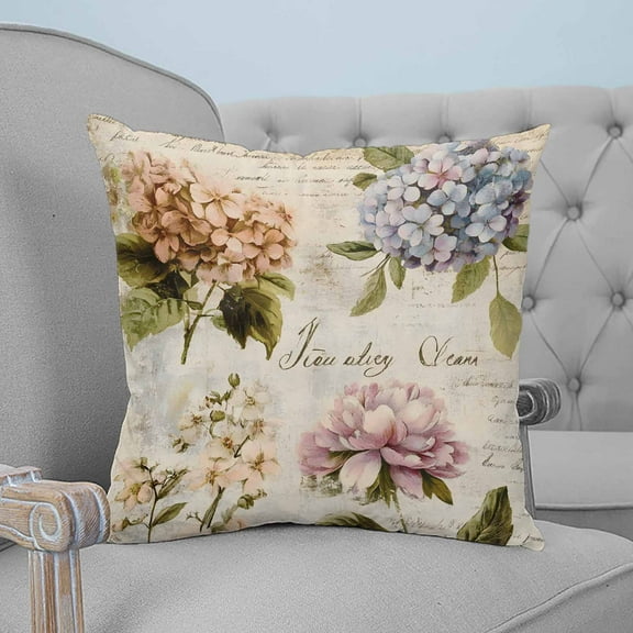 Spring Hydrangea Floral Decorative Pillowcase 26''x26'', Vintage Botanical Flowers Throw Pillow Covers Soft Cushion Case for Couch Sofa Bedroom Living Room, Pillowcase Boho Decor