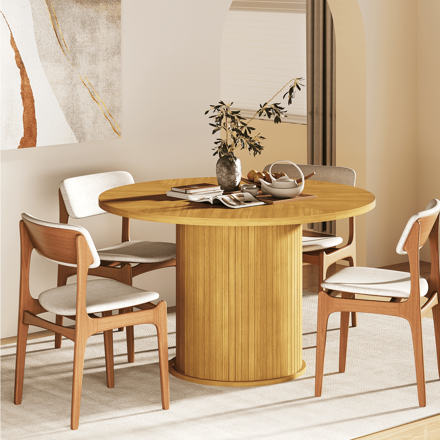 Sonegra 47“ Round Dining Table with Storage, Modern Fluted Circle Kitchen Table with 2-Layer Storage and Sliding Door, for Kitchen Living Room, Natural