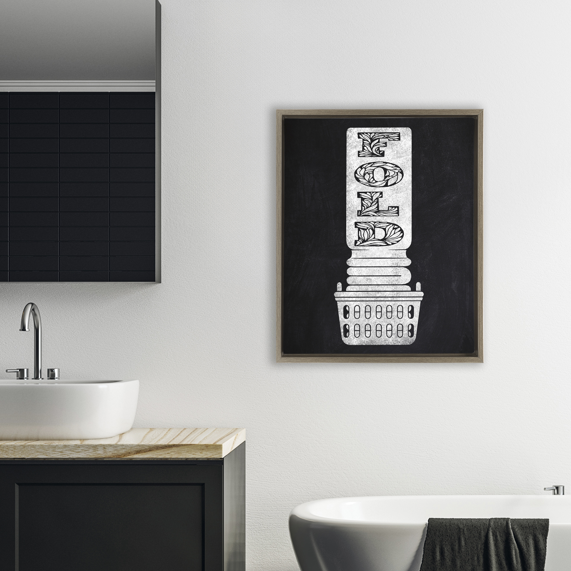 Laundry Fold Ornate Letters Brown Framed Floater Canvas Wall Art, design by Marcus Prime
