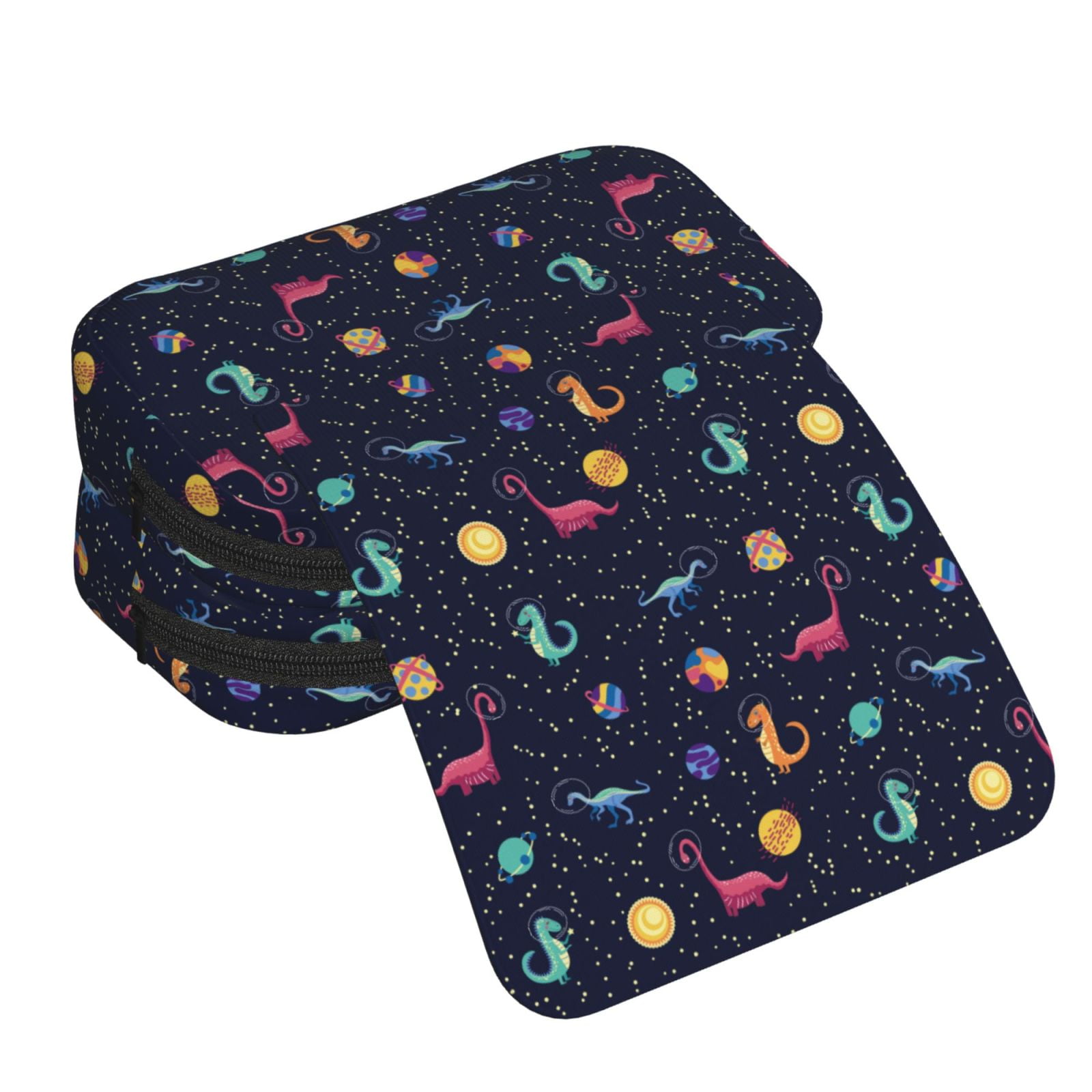 Rateoe Space Dinosaur Pattern Double Clamshell Pen Case, Storage Organizer with Two Zipper Compartments– Holds Up to 50 Pencils & Pens