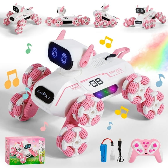 Dammyty RC Robot Dog for Kids, Intelligent Robot Toys with Spray, Light & Music, 8WD Stunt RC Dog Robot Toy for Boys Girls, Pink