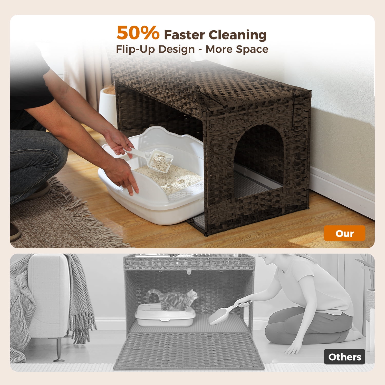PEQULTI Rattan Cat Litter Box Enclosure Pet House with Taller Doorway for Large Cats Indoor Brown