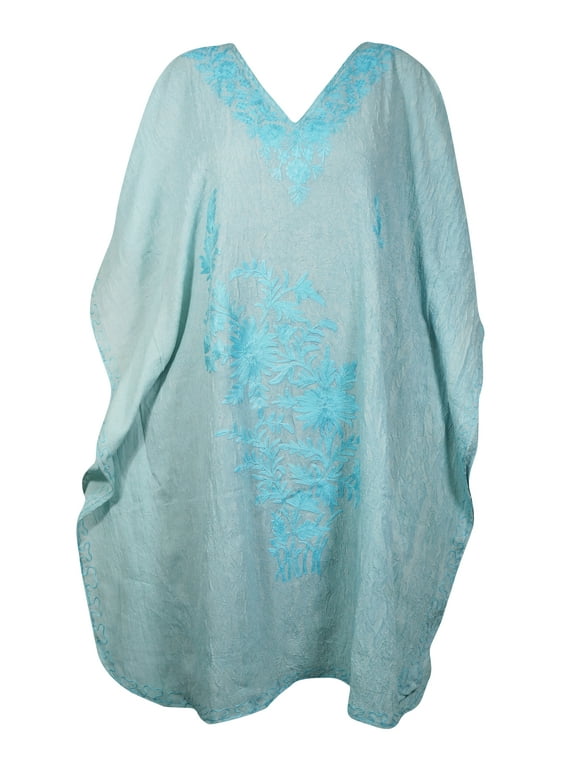 Mogul Women Light Blue Floral Embroidery Caftan Dress V-Neck Kimono Resort Wear Mid Length Cover Up Kaftan Dresses 2XL