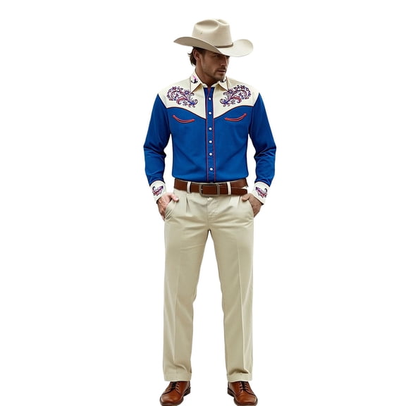 Tisuna Long Sleeve Western Shirts For Mens Floral Print Lapel Collar Button Down Tops Fashion Modern Fit Men'S Festival Party Casual Wear Blue Size L