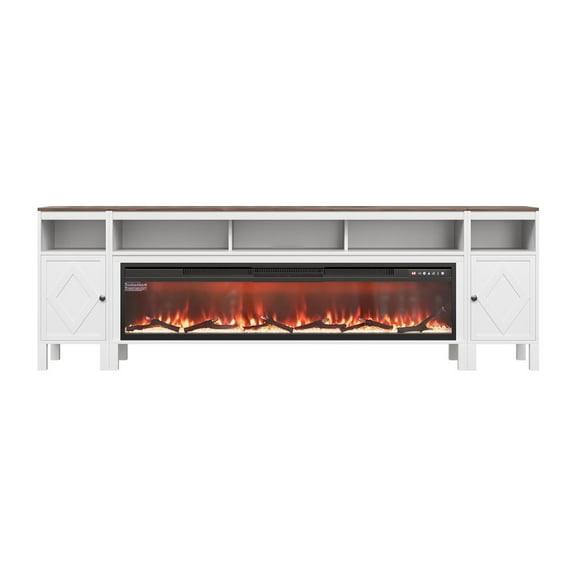 White Farmhouse Entertainment Center with 60" Fireplace & Drawers, TV Stand for TVs up to 100 Inches, Remote Controlled Electric Fireplace TV Cabinet