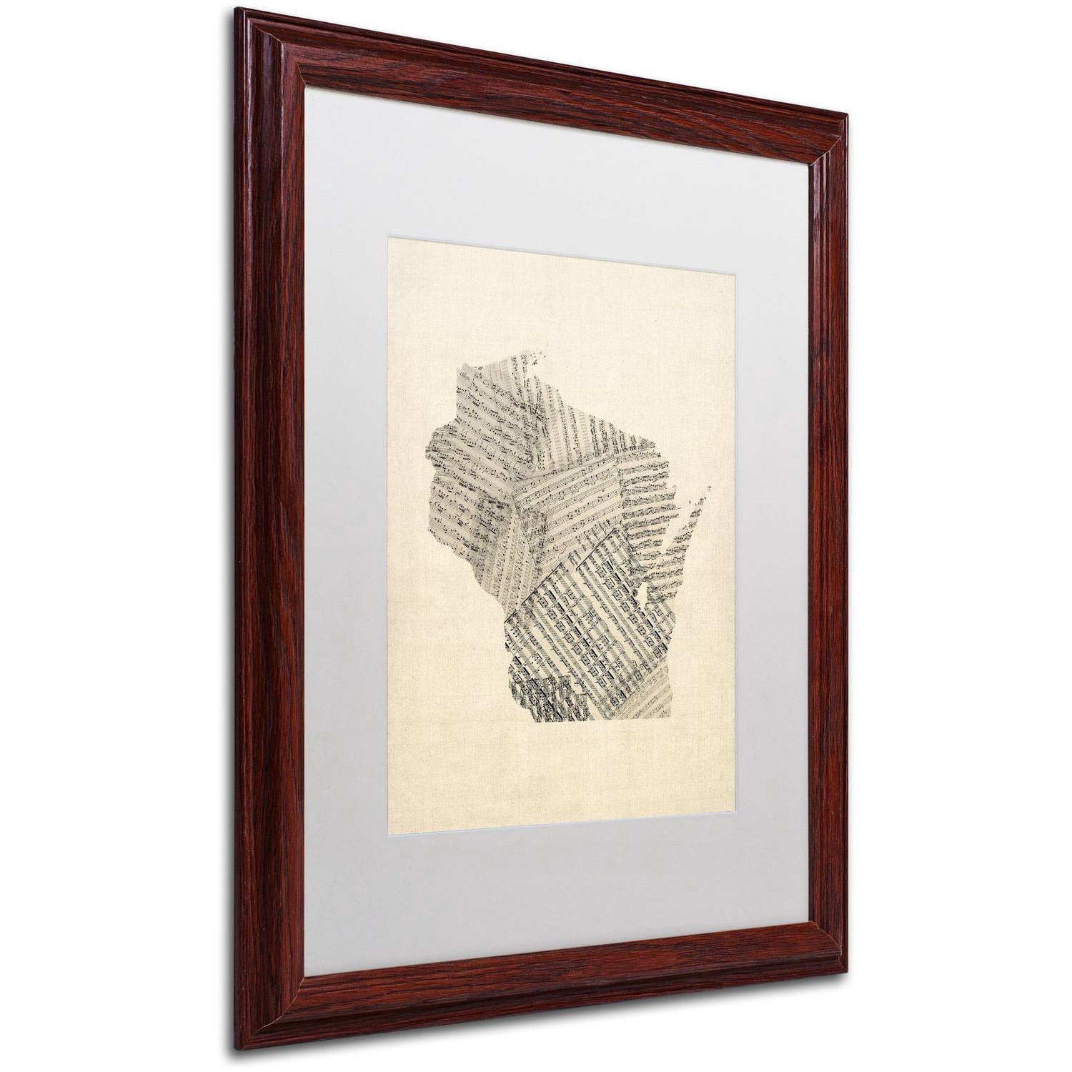 Trademark Fine Art 'Old Sheet Music Map of Wisconsin' Canvas Art by Michael Tompsett, White Matte, Wood Frame