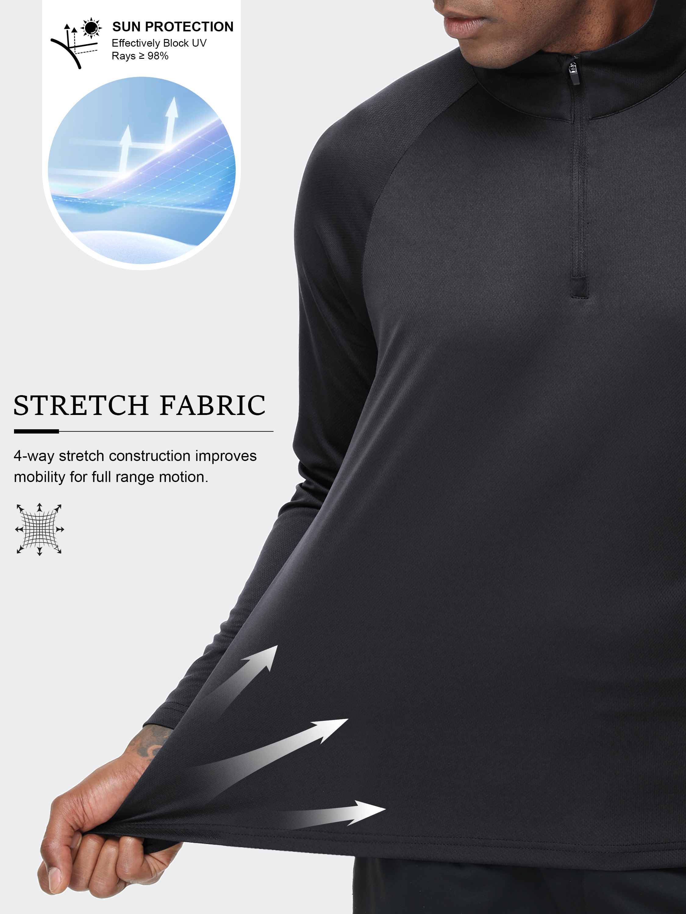 Pullover de hombre con cremallera parcial y manga larga, de secado rápido y absorción de humedad, camisa atlética para correr, golf, gimnasio y uso casual 3