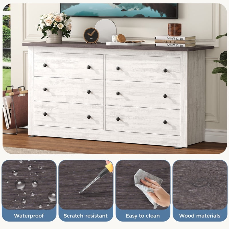 Gianna Dresser for Bedroom with 6 Drawers 59 Inch Chest of Drawers Wooden Dressers for Closet Living Room，White