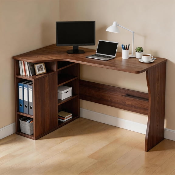 Walnut L Shaped Corner Desk with 3 Tier Storage Shelves, Small Space Writing Gaming Study Table, Compact Home Office Workstation