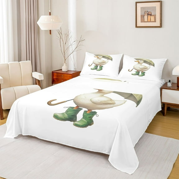 Homewish Cartoon Duck Animal Twin Sheet Sets, Cute Kawaii Goose Twin Fitted Sheet, Teens Kids Boys Girls Flat Sheet, Microfiber Bedroom Decor, 3pcs