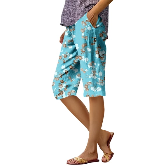 WTOBBY Women's Stylish Floral Pattern Elastic Waist Casual Bermuda Shorts with Side Pockets, Knee-Length Design for Everyday Outdoor Activities,Cyan L