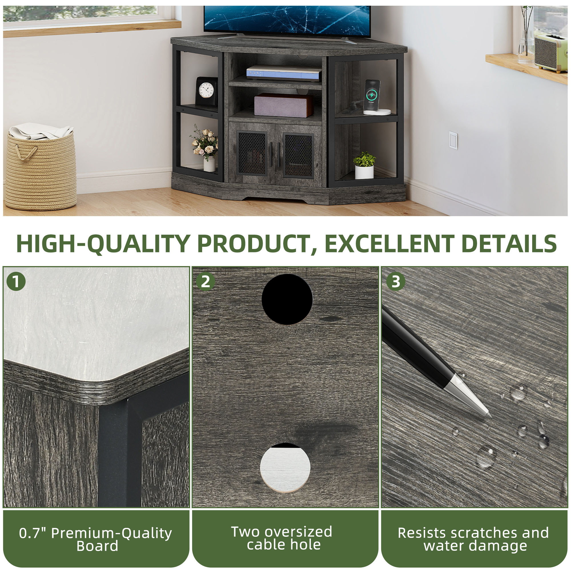 Uforic Corner 55" TV Stand with Power Outlet, Gray photo 4