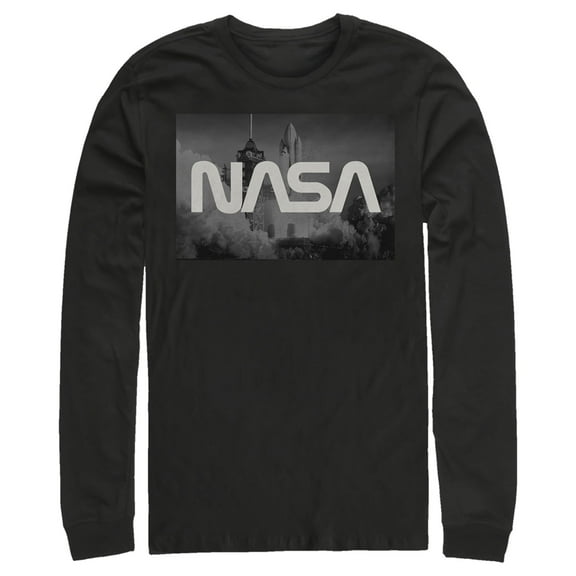 Men's NASA Space Shuttle Blast Off Text Over Lay Long Sleeve Shirt Black X Large