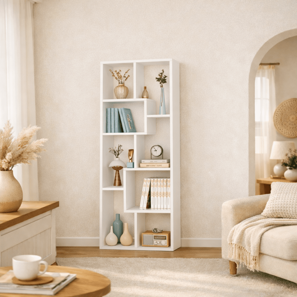 Asymmetrical 5-Tier Display Shelf & Bookcase, Tall Geometric Cube Bookcase with Open Shelves, Modern Storage Cabinet for Living Room, Home Office, White